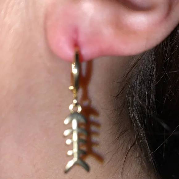 Cutesy Bone Hoop Golden Dangling Earrings - Picture 2 of 3